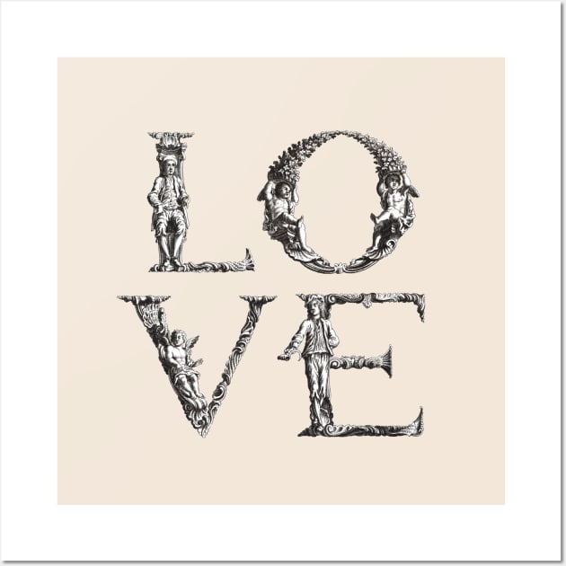 Dramabite Love Vintage Retro Typography Text Ornamental illustration Wall Art by dramabite